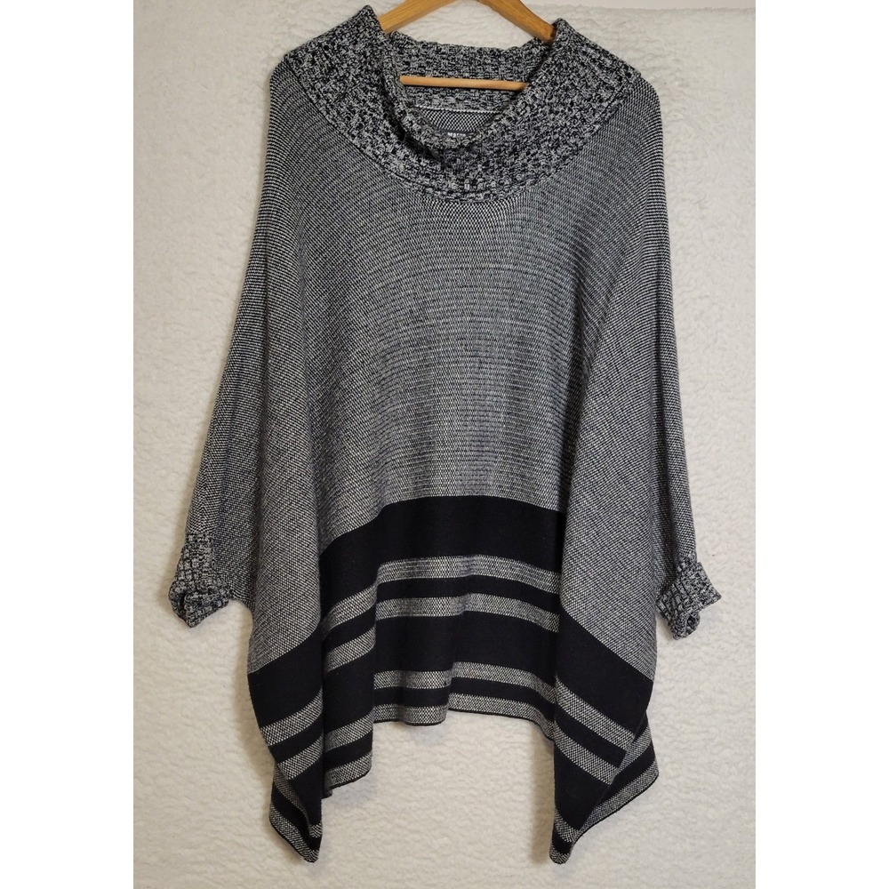 Maeve Womens Poncho Cape Sweater Sz M/L Short Sleeve Black White Cowl Neck 1253